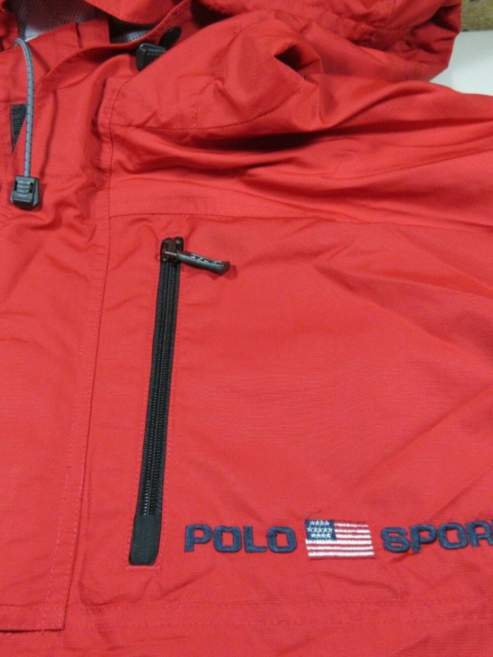 Vintage Polo Sport mens red 1/2 zip hooded USA flag Adventure winbbreaker L